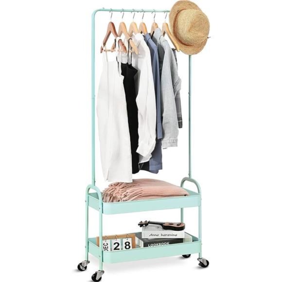 2-in 1 Garment Rack, Clothing Rack with 2 Tier Metal Basket,Rolling Storage Cart